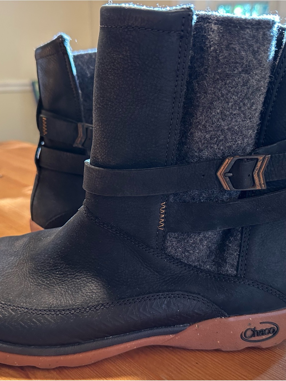 Chaco Black Leather and Gray Wool-Like Ankle Boots with Buckle